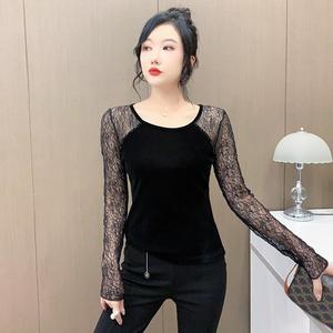 Chic maille paillettes col en v Patchwork manches longues Slim Fit minceur T-shirt femme influenceur en ligne T-shirt petite chemise en Stock S - Product Image 3