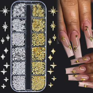 12 rejillas oro plata estrella Aleación de Metal Nail Art Charms Tetraptera Punta de manicura 3D DIY prensa brillante en decoración de <span class=keywords><strong>uñas</strong></span> metálicas - Product Image 1