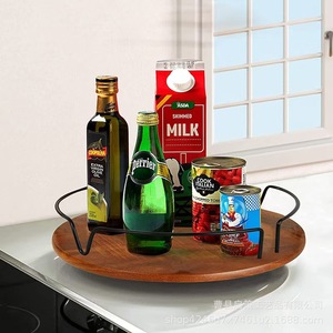 Home <b>Kitchen</b> Condiment Storage Tray Round Wooden Desktop Rack With Lid For Food Container Standing Type - Product Image 2