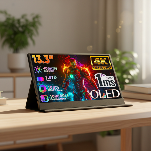 SIBOLAN Portable 13.3 Inch OLED 4K UHD Mobile Display USB Type-C IPS DCI-P3 1MS Eye Care Compatible PC Mac Mini VESA Monitor