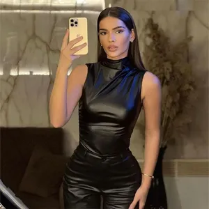 PU Leather Tank Top High Fashion Asymmetrical Ruched Sleeveless Blouse Winter Sexy T Shirt For Women Y2K Clothes