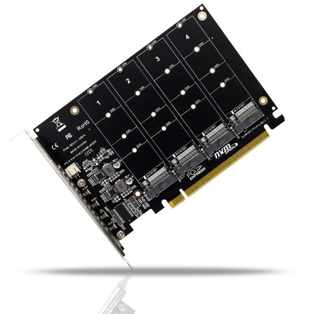 PCIE to NVME 4-Slot M.2 M-Key SSD PCIEx16 Expansion Adapter Card with Signal Splitting Model PH44 (Shenzhen)
