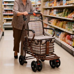 Chariot de courses pliable et portable à quatre roues avec freins, léger, pour personnes âgées, idéal pour les voyages, disponible en orange, rouge, rouge bordeaux, café - Product Image 2