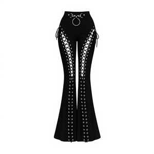 Pantalon en cuir véritable noir à taille haute et coupe skinny avec détails lacés, style gothique, pantalon long pour femmes, hiver - Product Image 1