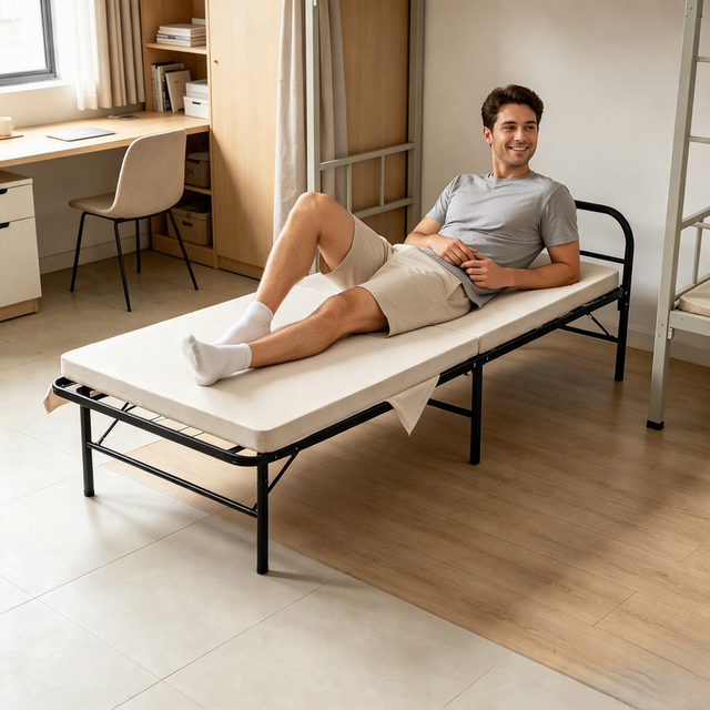 Bed Frame Iron Metal 14Inch Height  2 Step Set up Big Storage Space Easy to Store Leather Steel Metal Folding Bed Frame Base