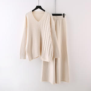 Autunno nuovo stile tinta unita scollo a V ampio Casual pantaloni in maglia <span class=keywords><strong>taglie</strong></span> <span class=keywords><strong>forti</strong></span> 2 pezzi completo maglione da <span class=keywords><strong>donna</strong></span> - Product Image 1