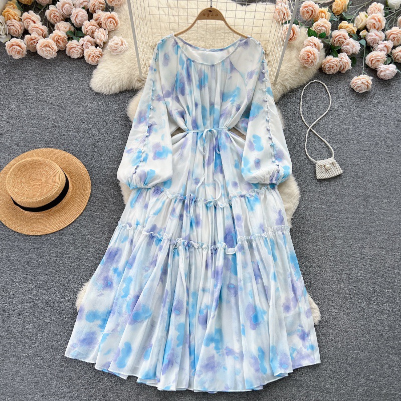 New Fashion Long Sleeve Printed Chiffon Dress Empire Waistline Ruched  Decoration Solid Pattern Midi Length Elegant Casual Dress| Alibaba.com