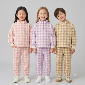 Ensemble pull mi-zippé à carreaux et jogging pour enfants, survêtement doux à col montant pour filles, vêtements assortis pour jumelles, collection automne pour enfants - Product Image 3