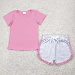 Ensemble deux pièces décontracté d'été pour petites filles, haut sans manches extensible et doux avec short rayé, en stock, vente en gros - Product Image 3