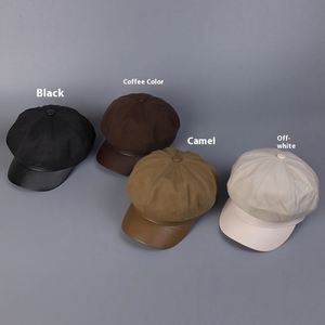 หมวกเบเร่ต์หนัง PU รุ่นใหม่ประจำปี 2025 สำหรับฤดูใบไม้ร่วงและฤดูหนาว สไตล์ยูนิเซ็กส์  ขอบหมวกทำจากผ้าทวิลล์ขัดเงา สไตล์อังกฤษลำลอง หมวกทรงนิวส์บอย - Product Image 2