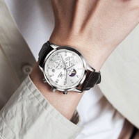 OLEVS 9812 Montre à quartz japonaise tendance Montre à phases lunaires Bracelet rond Montre-bracelet Bracelet en cuir véritable Aiguilles lumineuses Montres