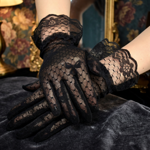 Gants en nylon à nœud en dentelle et résille pour femme, noirs et blancs, style vintage, avec volants au poignet, élégants, pour mariée, toutes saisons - Product Image 2