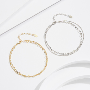 สร้อยข้อเท้าสองชั้น RINNTIN <span class=keywords><strong>SA66</strong></span> กันน้ำ ชุบทอง 14k เงินแท้ 925 ประดับรูปหัวใจ สำหรับผู้หญิง - Product Image 3
