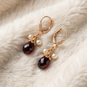 Ear enlace oem odm Custom Wholesale Gold Plated Teardrop <b>Garnet</b> Pearl Leverback Dangle <b>Earrings</b> - Product Image 2