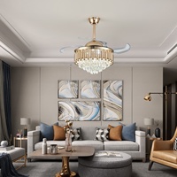 Ventilateur de plafond moderne intelligent avec 4 pales rétractables de 42 pouces, lustre en cristal, lumière LED, 3 couleurs LED pour chambre à coucher, appartement
