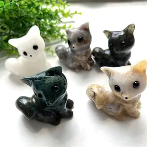 Natural Crystal Lovely Fox Animals Dog Raw Crystals Carvings White Jade Labradorite Ocean Agate Cat