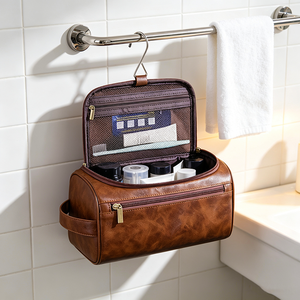 Beauty Case da Viaggio in Pelle PU Premium Incisionabile, Regalo per Uomo, Organizer da Viaggio Appendibile, Kit da Toilette Maschile - Product Image 3