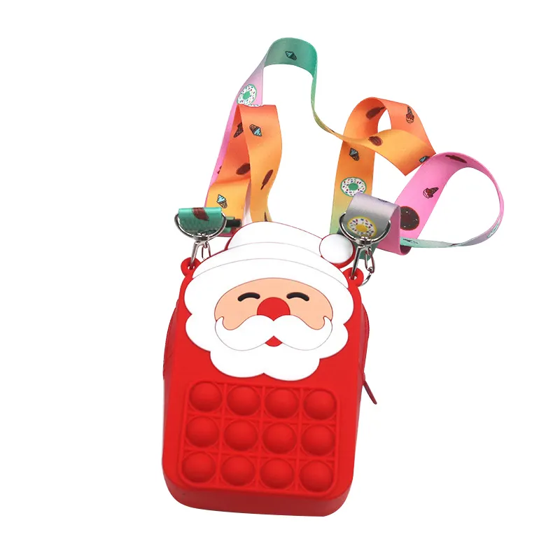 Kecil Lucu Natal Santa Claus Dorong Gelembung Fidget Mainan Hadiah Sling Silikon Dompet Koin untuk Anak-anak