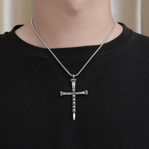 Collier croix en acier inoxydable avec pendentif tête de mort, bijoux de mode unisexe en argent antique SP980 - Product Image 4