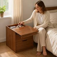 Table de chevet moderne de luxe en bois avec compartiment caché, couvercle coulissant et trois tiroirs pour chambre à coucher, en bois naturel écologique