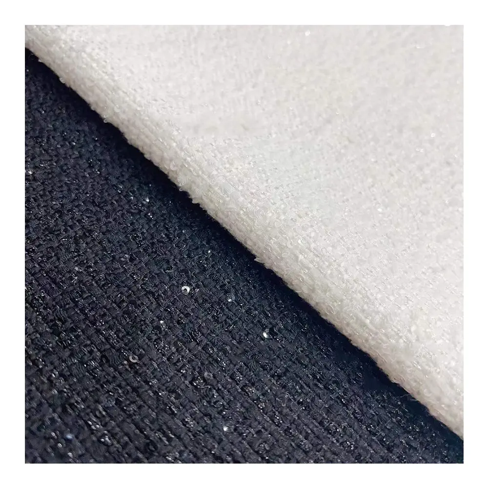 2023 Nieuwe Mode Zwart Wit Pailletten Metallic Tweed Stof Materiaal Fancy Dikke Tweed Jas Stof
