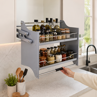 Cesto Elevatório Moderno TKK de Aço para Cozinha com Sistema de Prateleira Deslizante e Base de Madeira/Cesto Elevatório de Parede em Aço para Cozinha