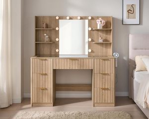 Ensemble de coiffeuse en panneau de particules avec finition mélamine blanche, tiroirs et étagères, et ampoules intégrées - Product Image 1