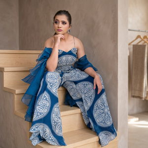 Elegant <b>Blue</b> Printed Sleeveless Peplum <b>Crop</b> <b>Top</b> with Palazzo and Organza Dupatta with Pearls Cut-dana and Mirror work - Product Image 5