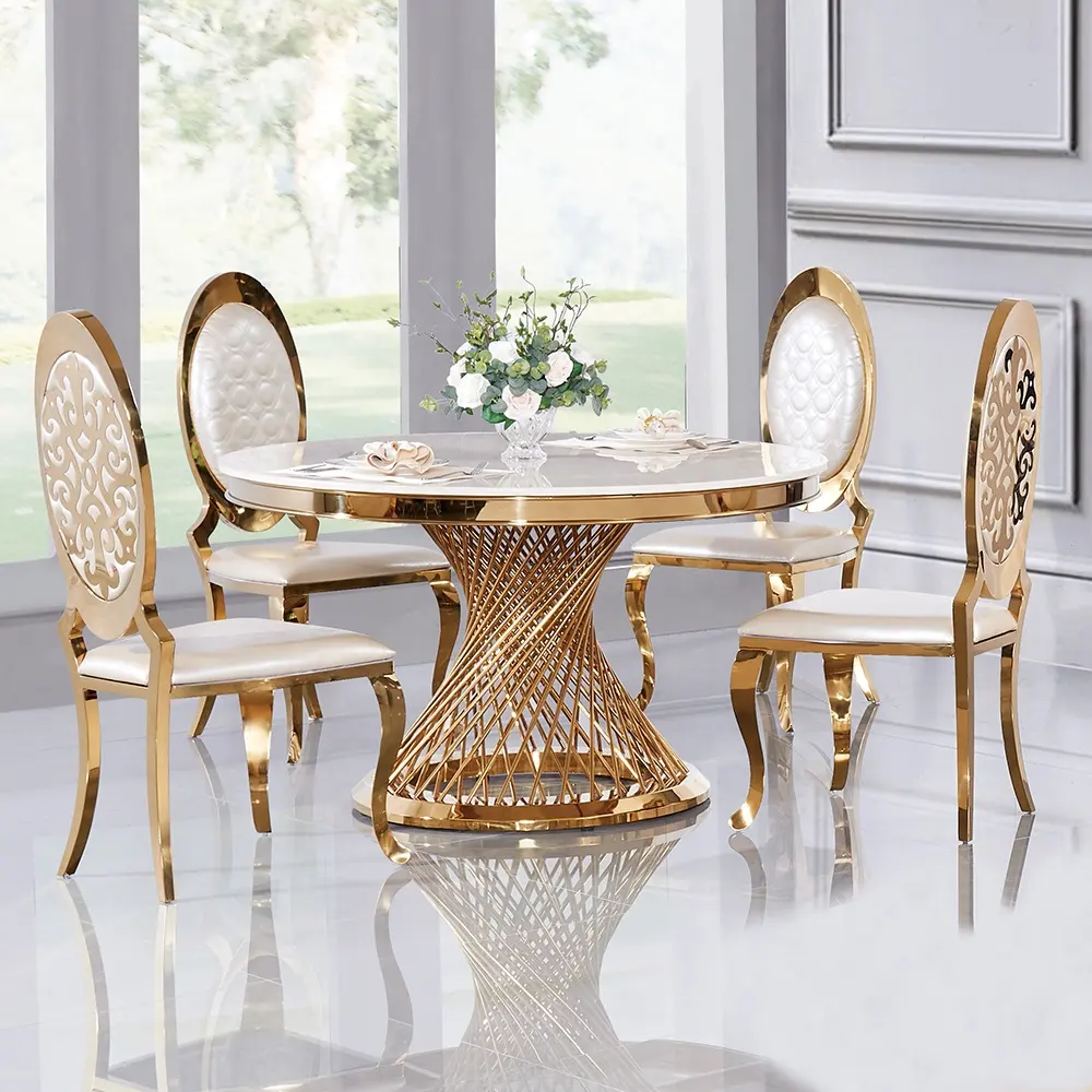 इतालवी आधुनिक भोजन कक्ष टेबल सेट 8 सीटर घर फर्नीचर दौर संगमरमर सोने स्टेनलेस स्टील खाने की मेज