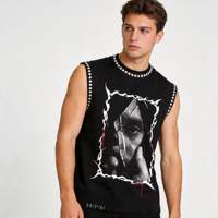 Débardeurs personnalisés pour hommes grandes tailles 100% Coton Coupe ample style urbain Motif numérique en strass Délavé à l'acide Respirant