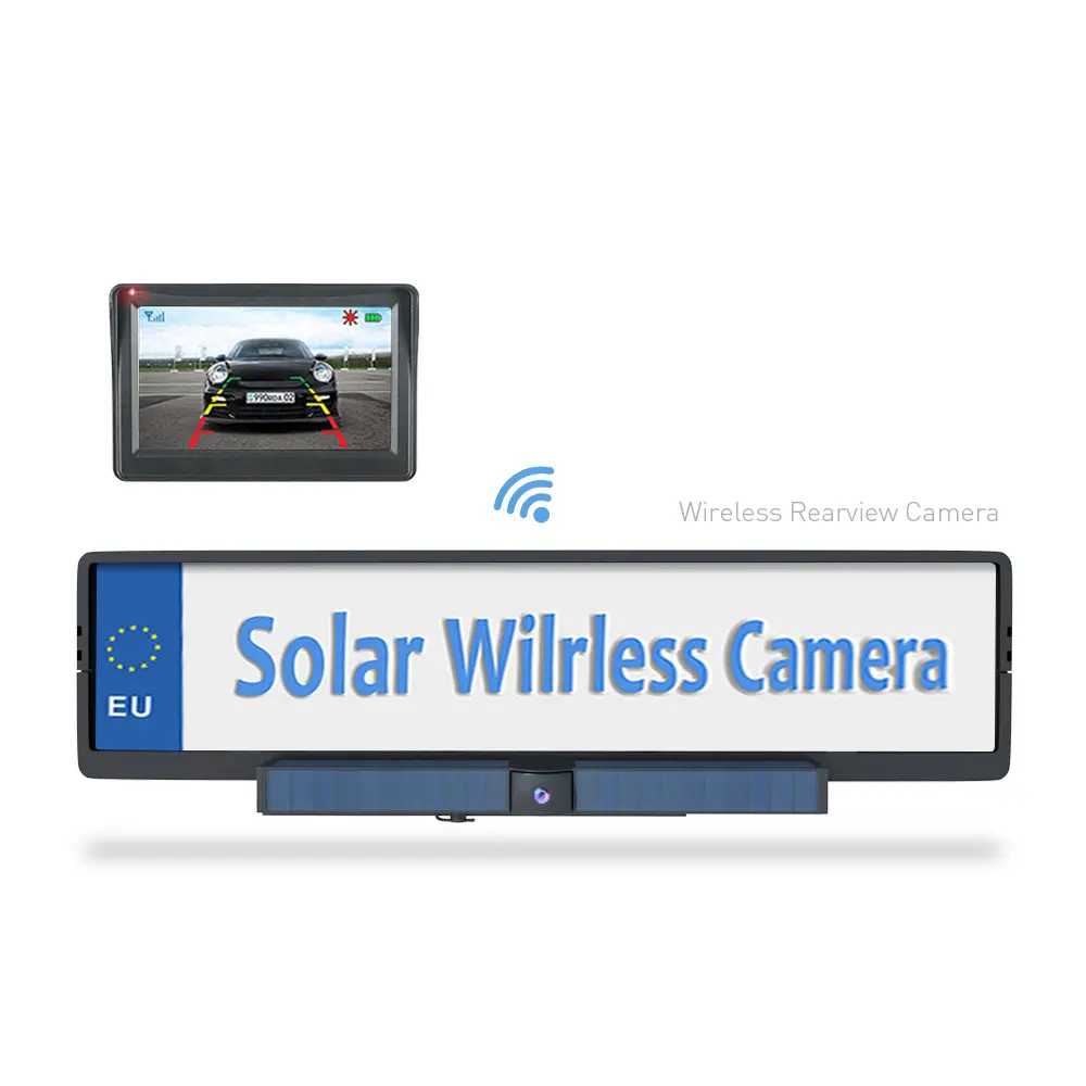 Solar Powered 2.4G Wireless Car Rear View Camera 4.3" Monitor Reversing Aid Totally DIY for EU License Plate Camera System