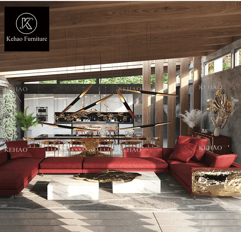 Divani di lusso di fascia alta mobili da soggiorno Set di divani da salotto con mobili in velluto rosso in tessuto moderno italiano in ottone