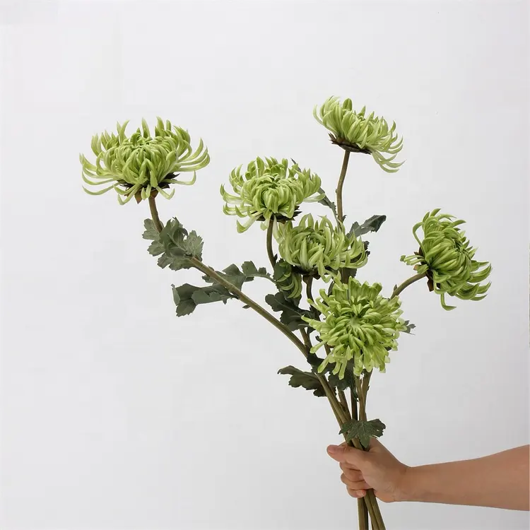 वेडिंग होम पार्टी टेबल सजावट के लिए कृत्रिम सिंगल स्टेम बड़े सिर वाला पीयू रियल टच हरा डाहलिया गुलदाउदी फूल