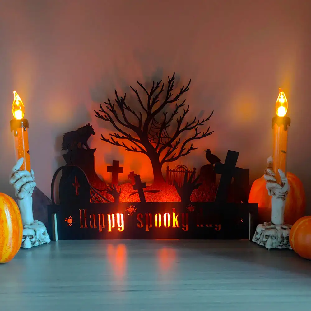 Venta caliente Halloween divertido cementerio gran árbol modelo soporte de madera candelabro iluminación proyección Decoración