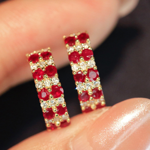 Aazuo, Joyería Fina de 18K, Oro Amarillo Sólido, Rubí Natural, Diamantes Reales, Pendientes de Gancho con Línea de Tenis, Regalo para Damas, Uso Diario - Product Image 2