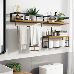 Wooden Wall-Mounted Floating Shelves With Wire Basket Towel Rack For Bathroom Kitchen Bedroom Or Living Room Use Home Decor
