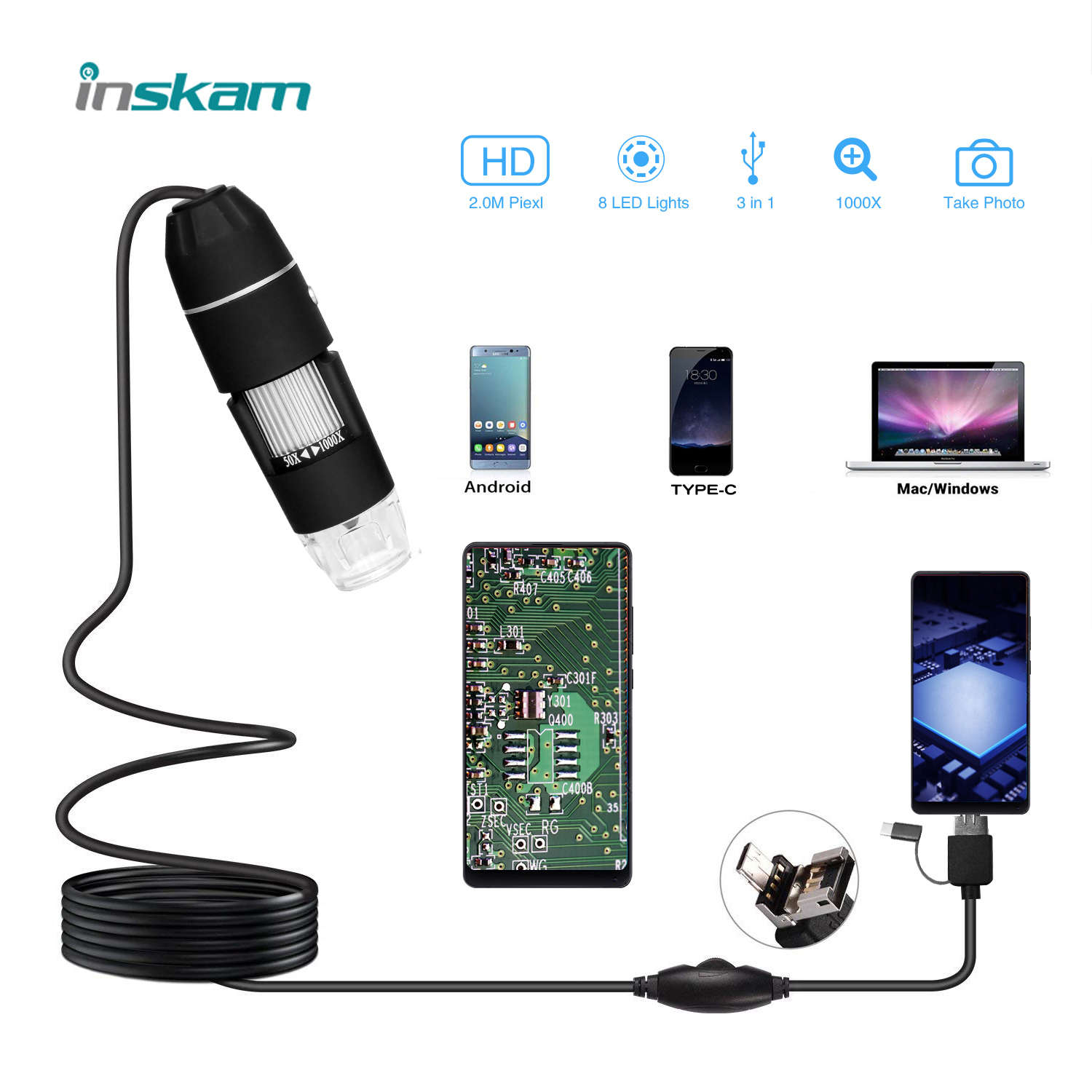 Professionele 2 Miljoen Pixels 1080P Hd 1000X 3 In 1 Mini Usb Digitale Elektronische Microscoop