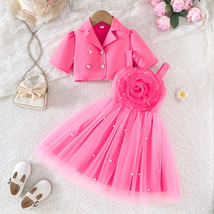 Conjunto de Vestido Formal de Dos Piezas para Niñas 2026: Blazer Estilo Pequeña Princesa + Vestido de Malla Floral Tridimensional, Poliéster Flame - Product Image 6