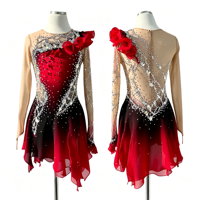 Robe de patinage artistique dégradé rouge et noir avec strass et maille, manches longues, pour enfants et adultes, tenue de performance pour compétition sur glace