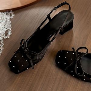 Black Satin Bow Back Strap Pointed Toe Sandals Women Thick <b>Block</b> Heel Elegant Party High Heels - Product Image 1