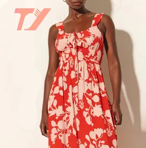 TUOYI Summer Women New Elasticated Bodice Elegant Suspender Elastic Waist Beach Midi Casual Linen Type Cloth Print Dress