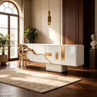 Buffet de luxe blanc avec pieds sculptés en or fondu, en fibre de verre, pour salle à manger de villa