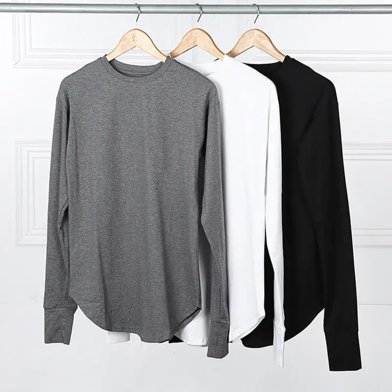 small MOQ custom fitness long sleeve tee man clothes plain tshirts for printing longline streetwear thumb hole t shirt men