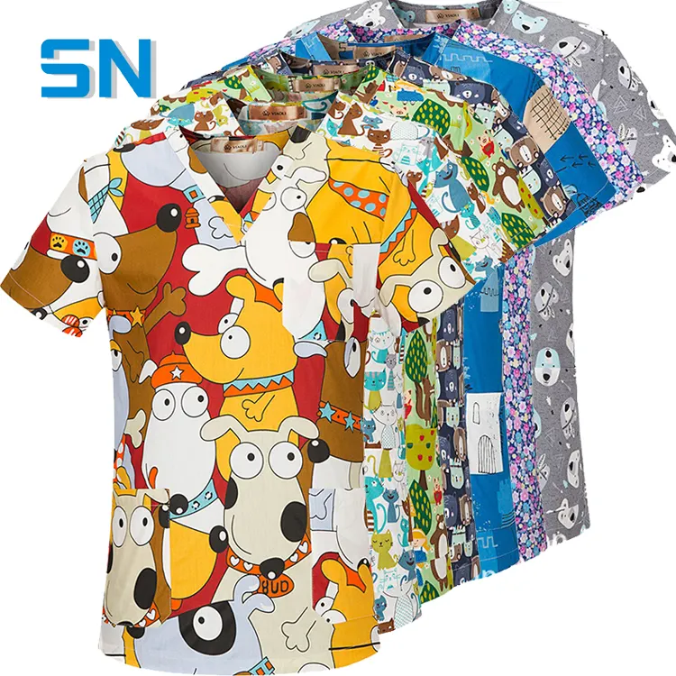 Wholesale lovely cartoon printing nursing unisex pet doctor medical tops 100% cotton printed scrubs tops