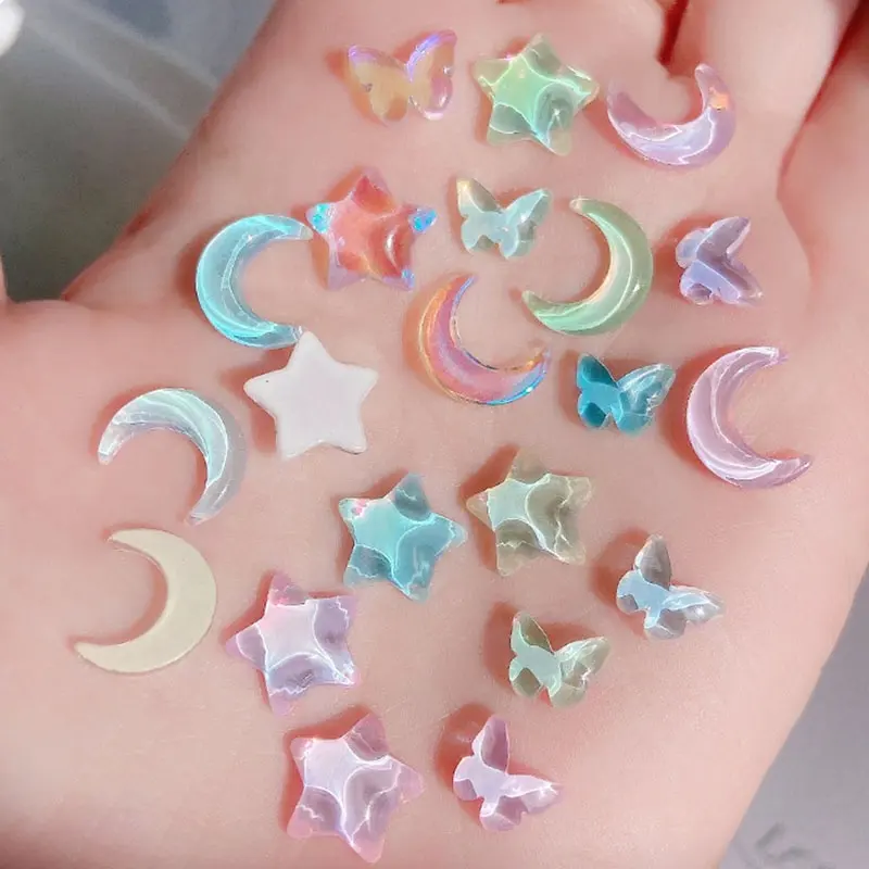 Wholesale new kawaii crystal moon star butterfly design nail charms 3d rhinestone diamond manicure accessories