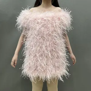 Neues Design Sommer Flauschiges Pelz kleid Mode Kurzarm Straußen feder Abendkleid