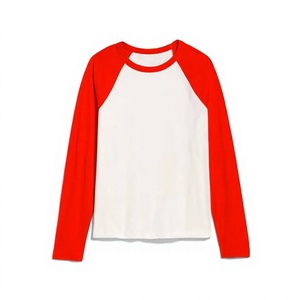 Camiseta de Manga Larga Raglán para Mujer, Color Blanco y Rojo, Cuello Redondo, Informal, Tejida, 100% Algodón, Transpirable, Corte Regular, para Todas las Temporadas - Product Image 1