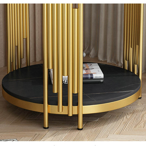 Table basse de salon contemporaine en pierre frittée, table d'appoint circulaire en métal avec rangement, design moderne doré, mobilier de maison noir durable - Product Image 4