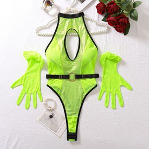 Chuangerm Novità 2025 Sexy Body in Rete con Guanti, Collo Halter, Lingerie Erotica Bicolore, Teddy Intero per Donne - Product Image 5
