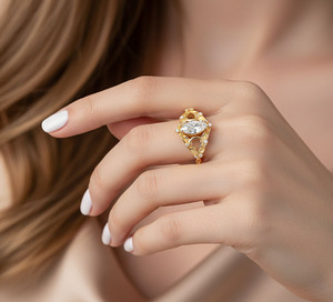 Marquise Cut Moissanite <b>Cocktail</b> <b>Ring</b> 18K <b>Gold</b> Plated Vintage Flower Design Women's Engagement <b>Ring</b> Prong Setting - Product Image 3